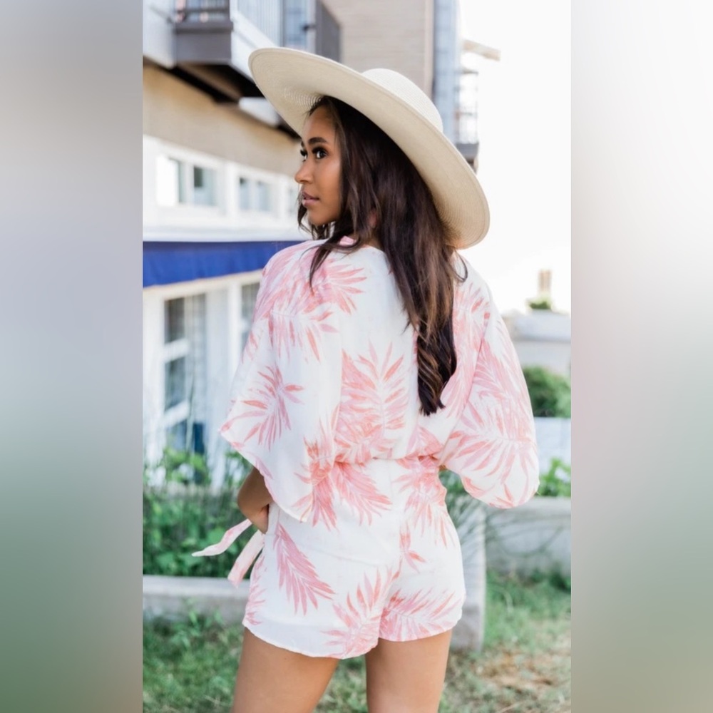 Meet Me In The Tropical Kimono Romper Coral
